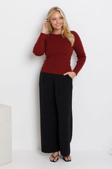 Autumn Long Sleeve Ribbed Knit Top -  Merlot - The Self Styler