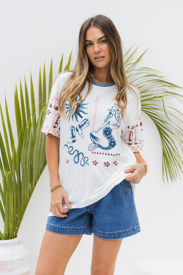 Calypso Relaxed-Fit Graphic Tee - Mermaid Cowboy Print - The Self Styler