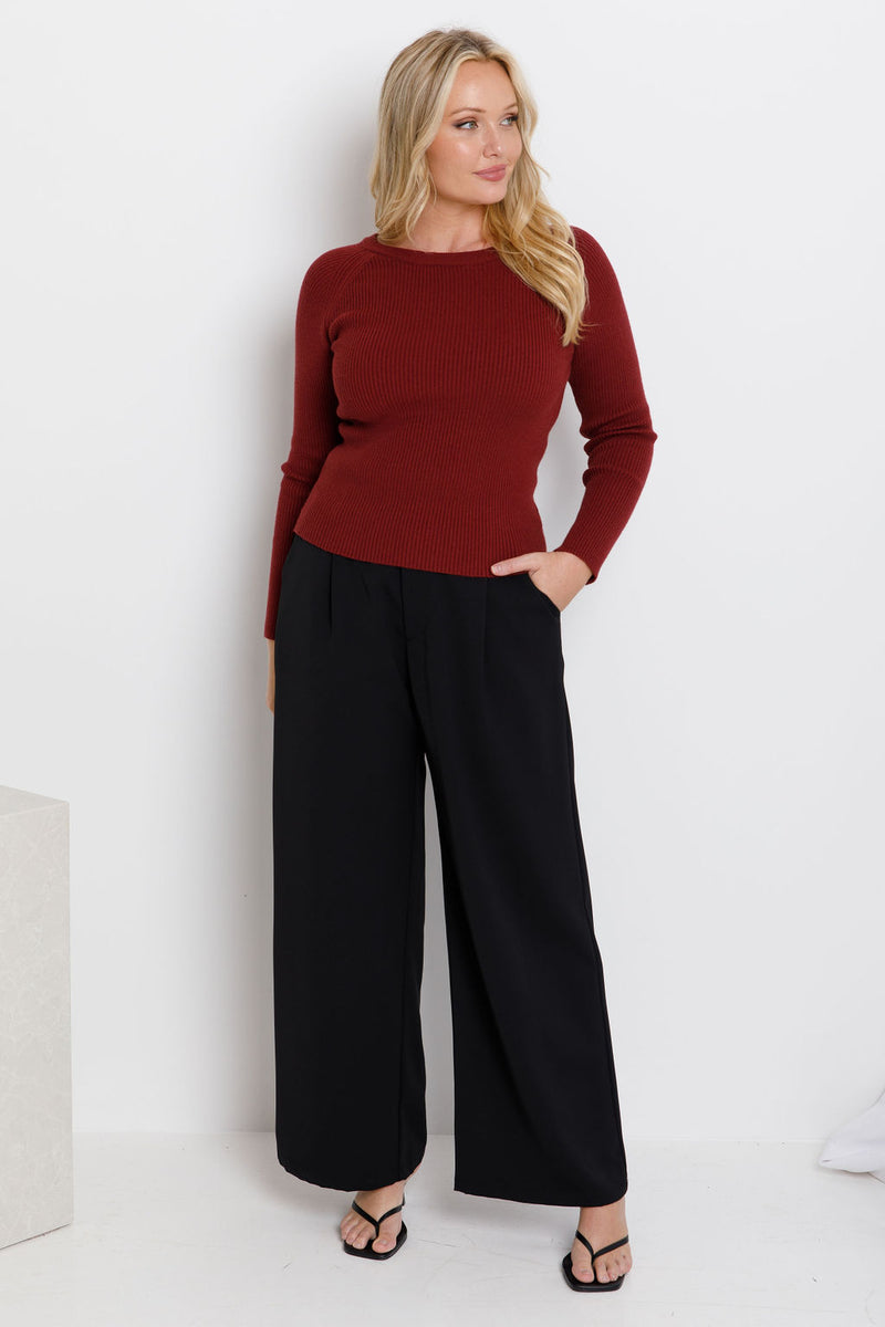 Autumn Long Sleeve Ribbed Knit Top -  Merlot - The Self Styler