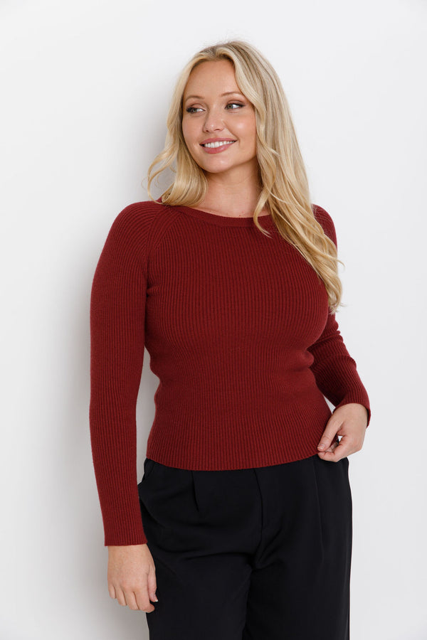 Autumn Long Sleeve Ribbed Knit Top -  Merlot - The Self Styler