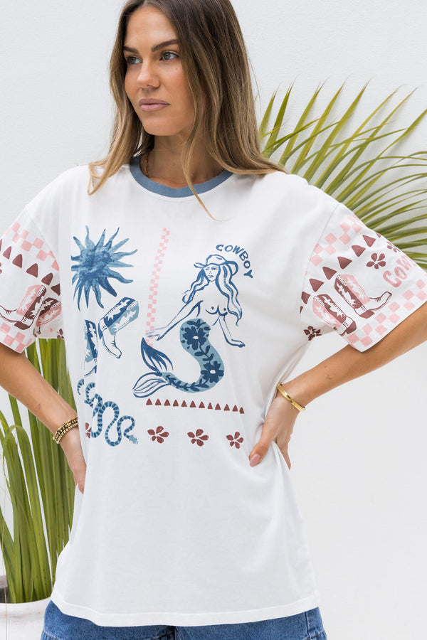Calypso Relaxed-Fit Graphic Tee - Mermaid Cowboy Print - The Self Styler