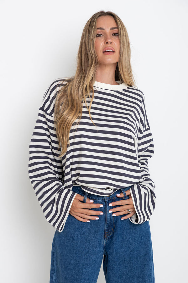 Benni Stripe Long Sleeve Top - Grey and Cream