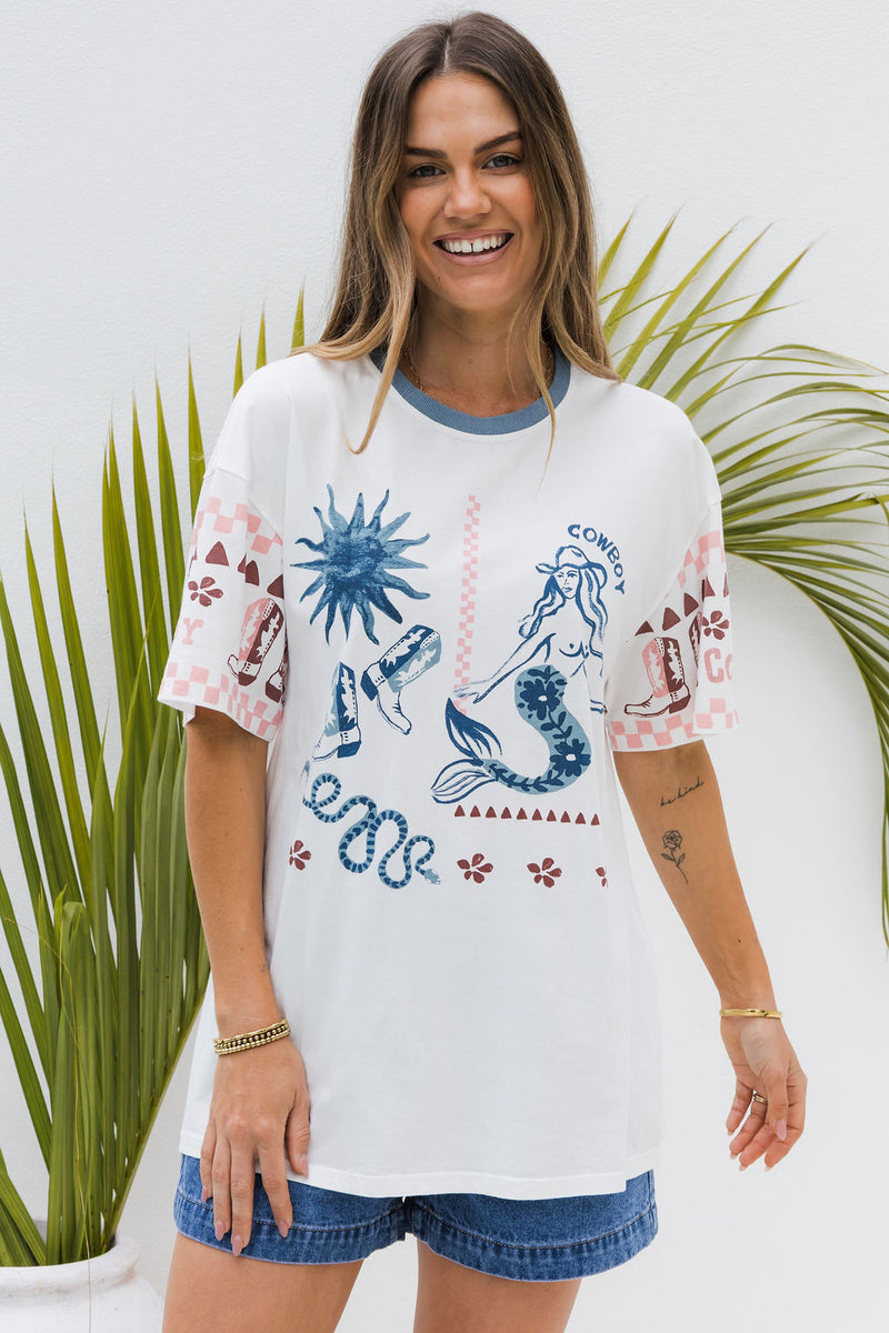 Calypso Relaxed-Fit Graphic Tee - Mermaid Cowboy Print - The Self Styler