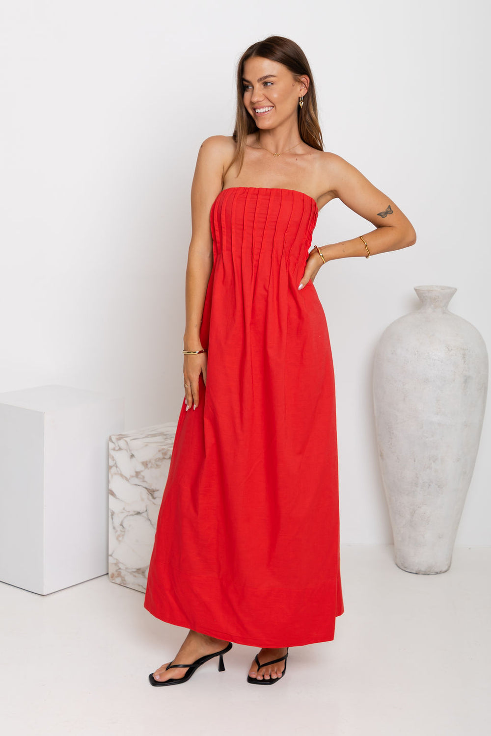 open lace back dress Ava Strapless Maxi Dress