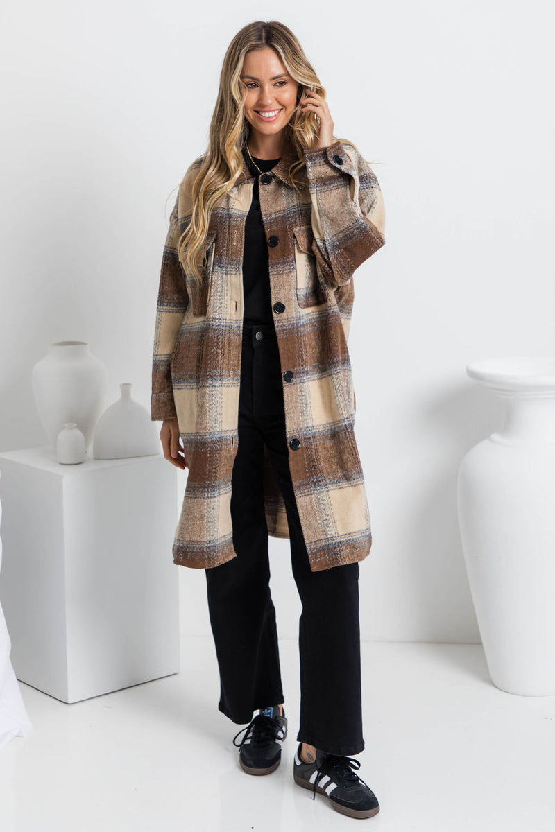Camilla Longline Shacket - Brown Plaid - The Self Styler