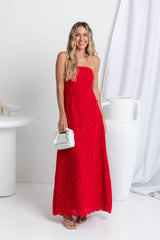 Gracie Strapless Maxi Dress - Red Broderie Anglaise - The Self Styler
