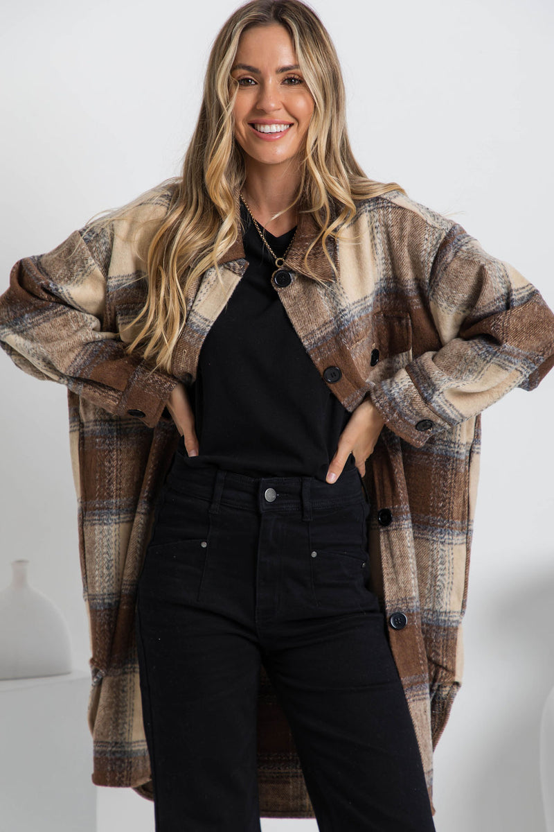 Camilla Longline Shacket - Brown Plaid - The Self Styler