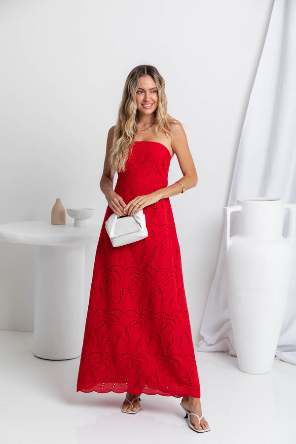 Gracie Strapless Maxi Dress - Red Broderie Anglaise - The Self Styler
