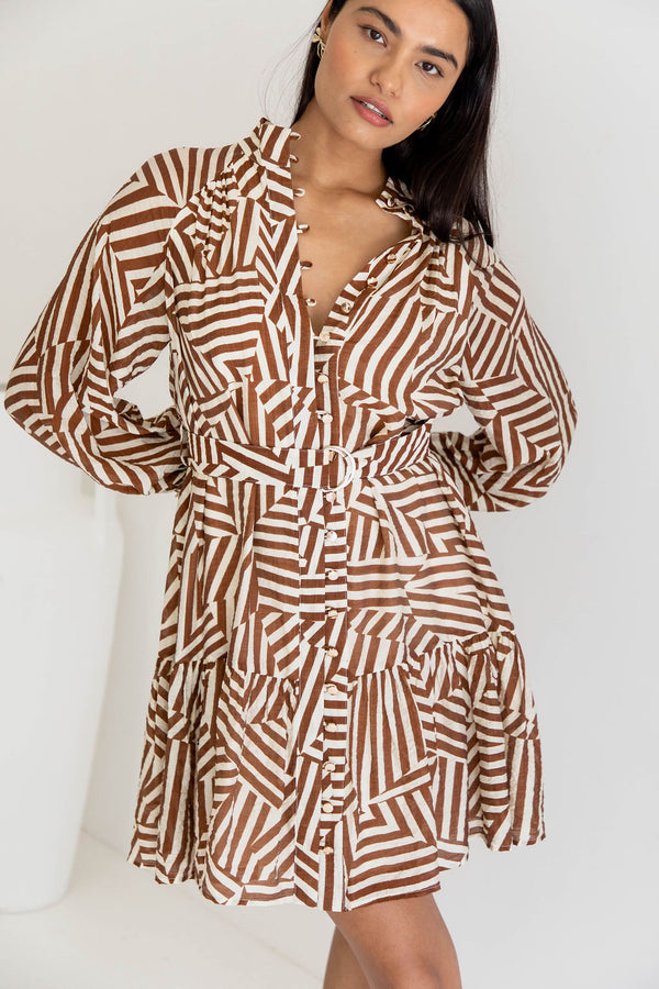 Khalia Mini Dress - Abstract Choc Print - The Self Styler