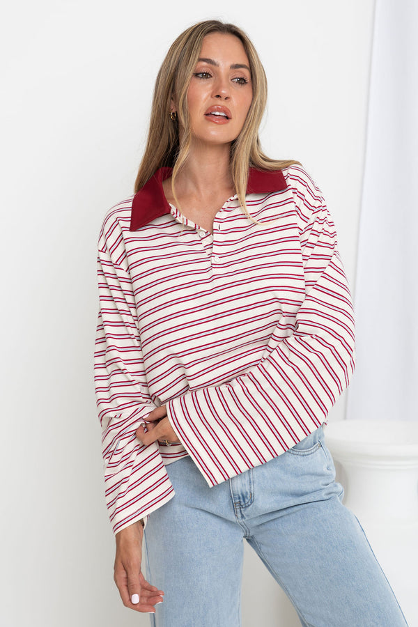 Drew Rugby Jersey Top - Cream with Red & Blue Stripes