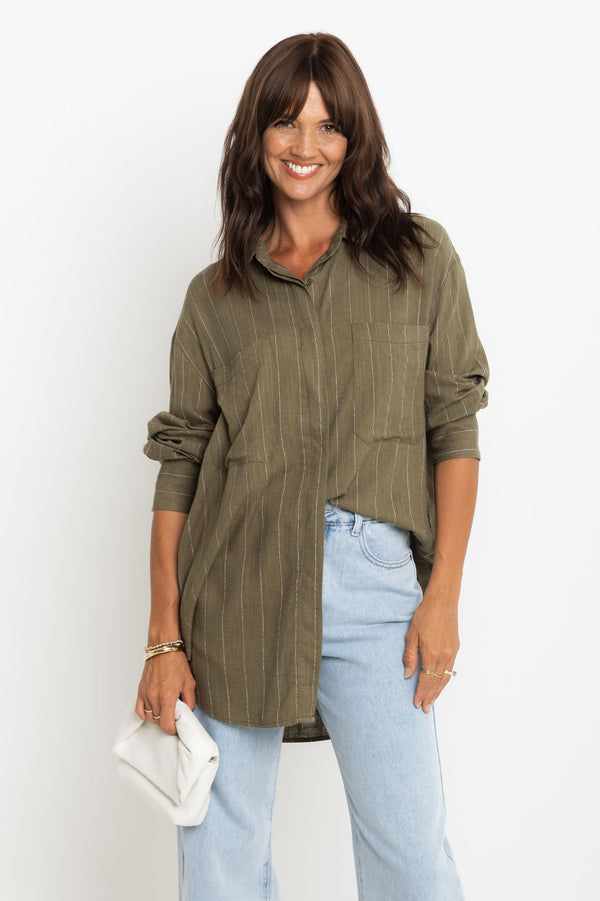 Jagger Relaxed Pinstripe Shirt - Olive Green