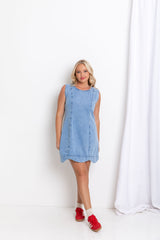 Wren Scallop Trim Denim Dress - Mid Wash Blue - The Self Styler