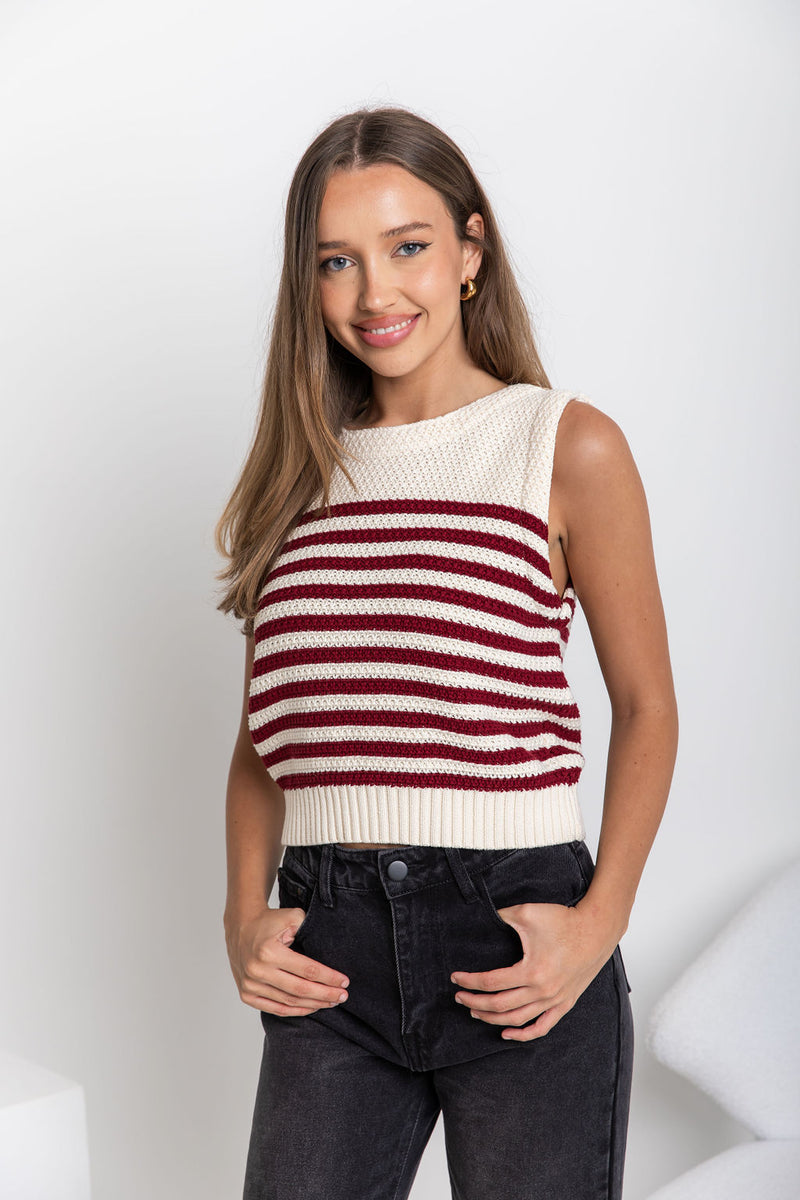 Bonnie Knit Top - Cream & Burgundy Stripe - The Self Styler