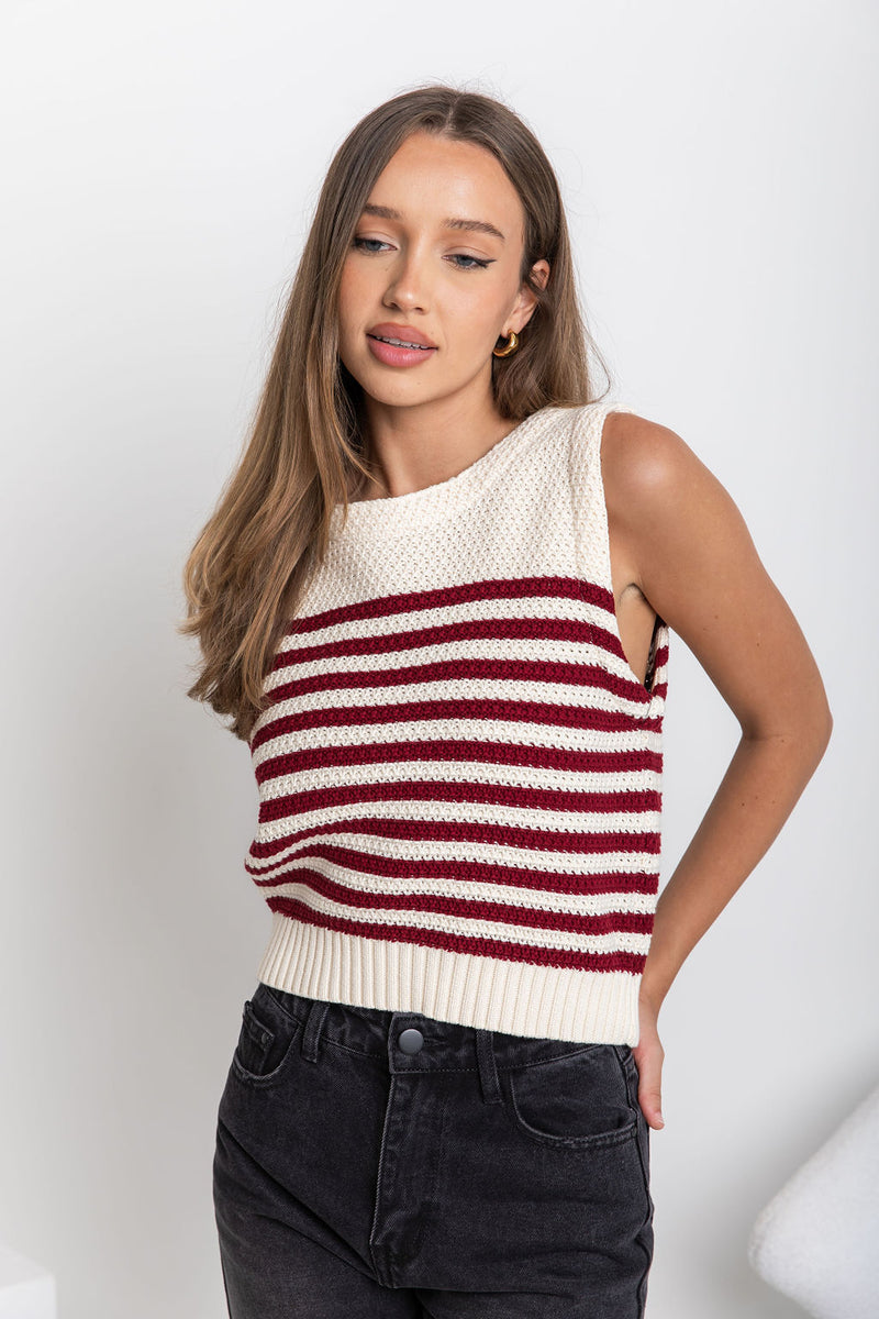 Bonnie Knit Top - Cream & Burgundy Stripe - The Self Styler