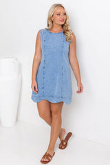 Wren Scallop Trim Denim Dress - Mid Wash Blue - The Self Styler