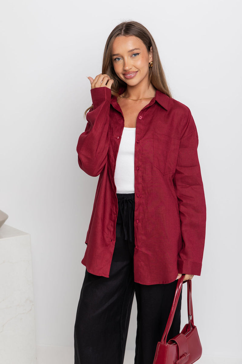 Archie Relaxed-Fit Linen Shirt - Burgundy - The Self Styler