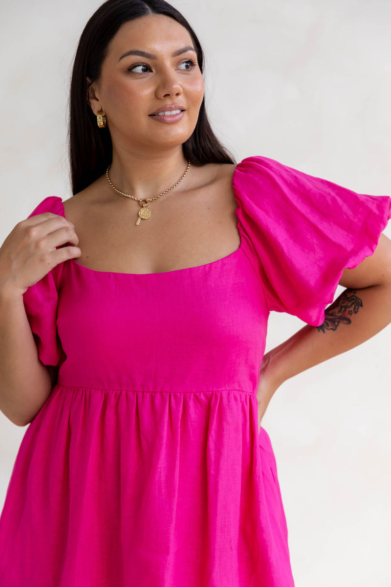 Jayla Linen Mini Dress - Raspberry Pink - The Self Styler - The Self Styler