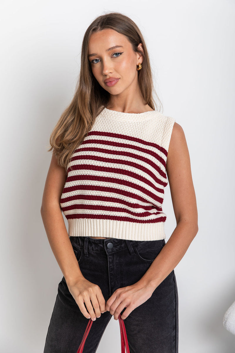 Bonnie Knit Top - Cream & Burgundy Stripe - The Self Styler