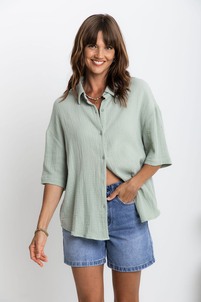 Theia Cotton Shirt - Sage Green - The Self Styler
