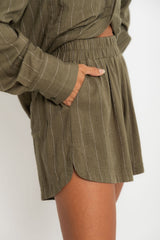 Riley Shorts - Olive Green Pinstripe - The Self Styler