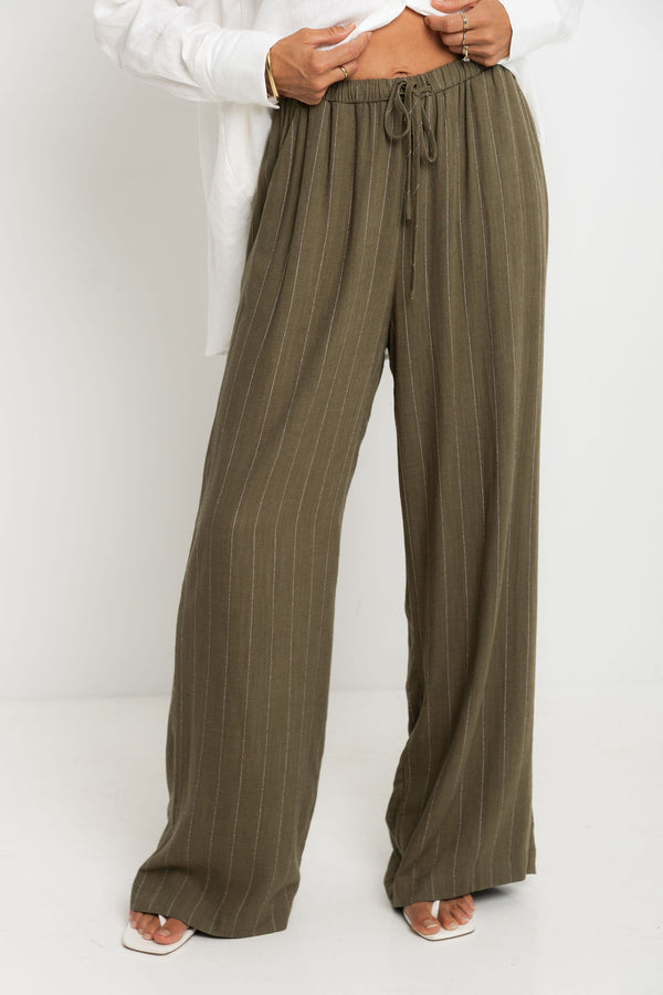 Sloane Straight-Leg Pants - Olive Green Pinstripe