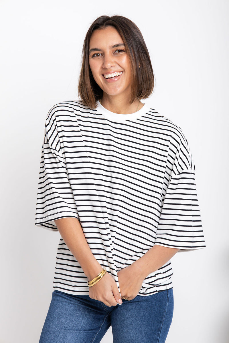 Tessa Boxy-Fit Tee - White and Black Stripe - The Self Styler