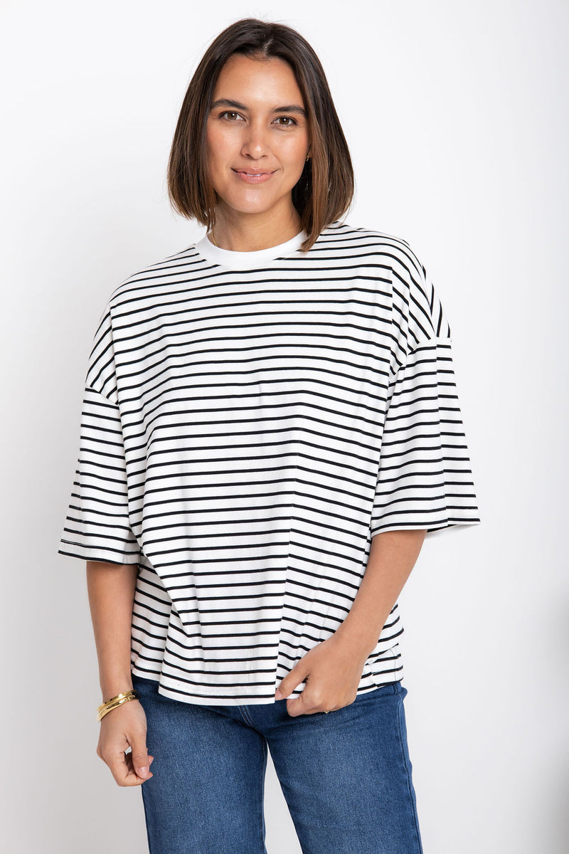 Tessa Boxy-Fit Tee - White and Black Stripe - The Self Styler