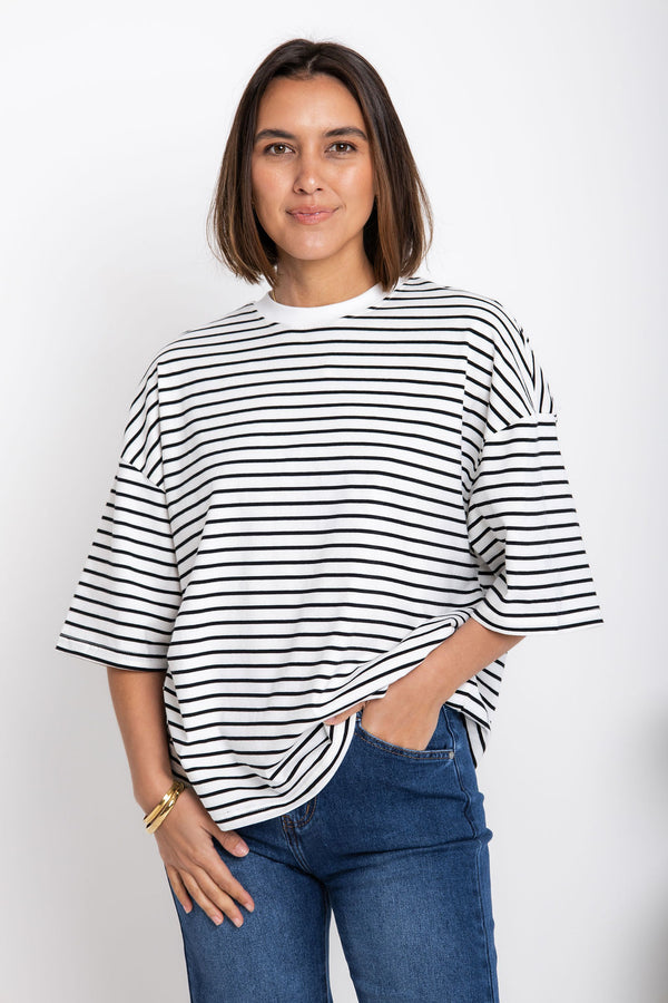 Tessa Boxy-Fit Tee - White and Black Stripe - The Self Styler