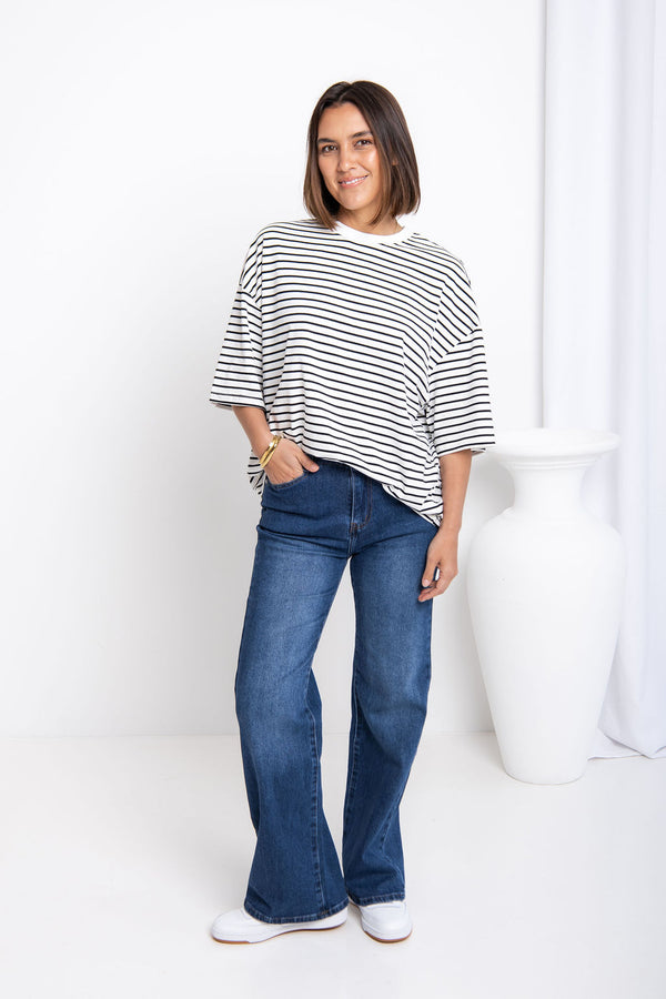 Tessa Boxy-Fit Tee - White and Black Stripe - The Self Styler
