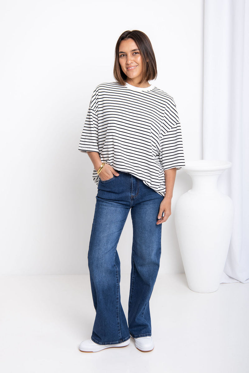 Tessa Boxy-Fit Tee - White and Black Stripe - The Self Styler