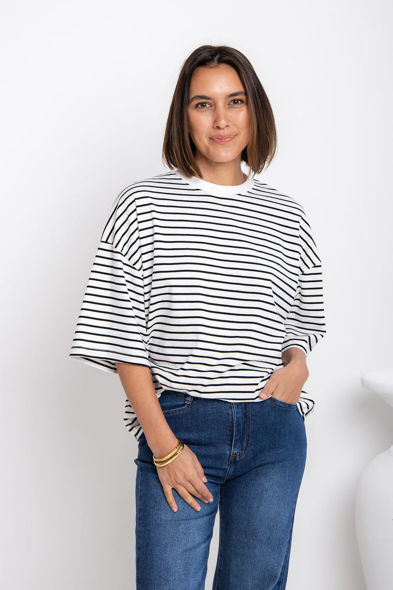 Tessa Boxy-Fit Tee - White and Black Stripe - The Self Styler