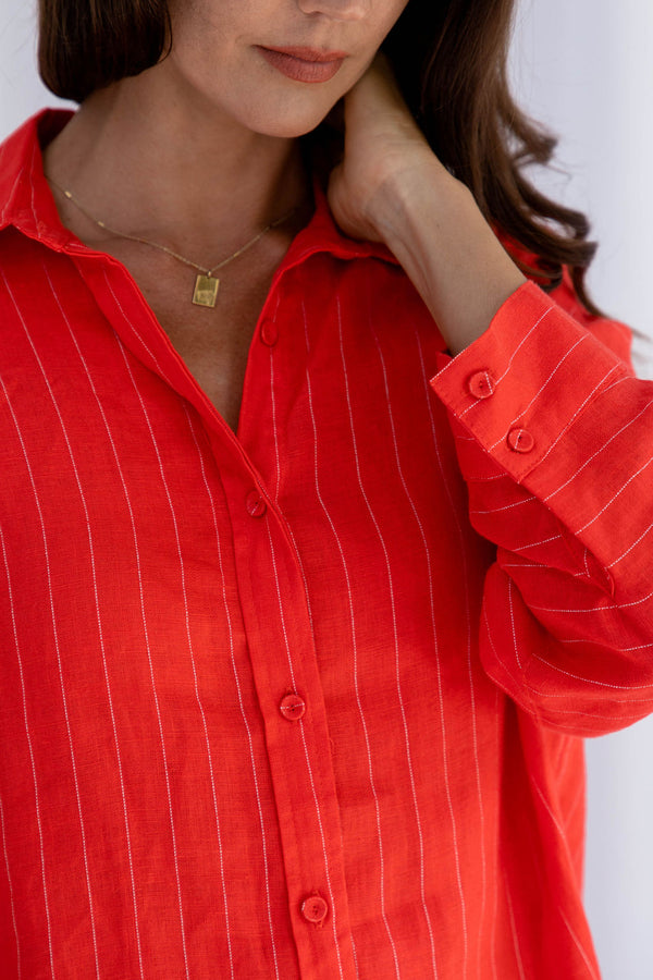 Ainslie Linen Shirt - Red Pinstripe - The Self Styler