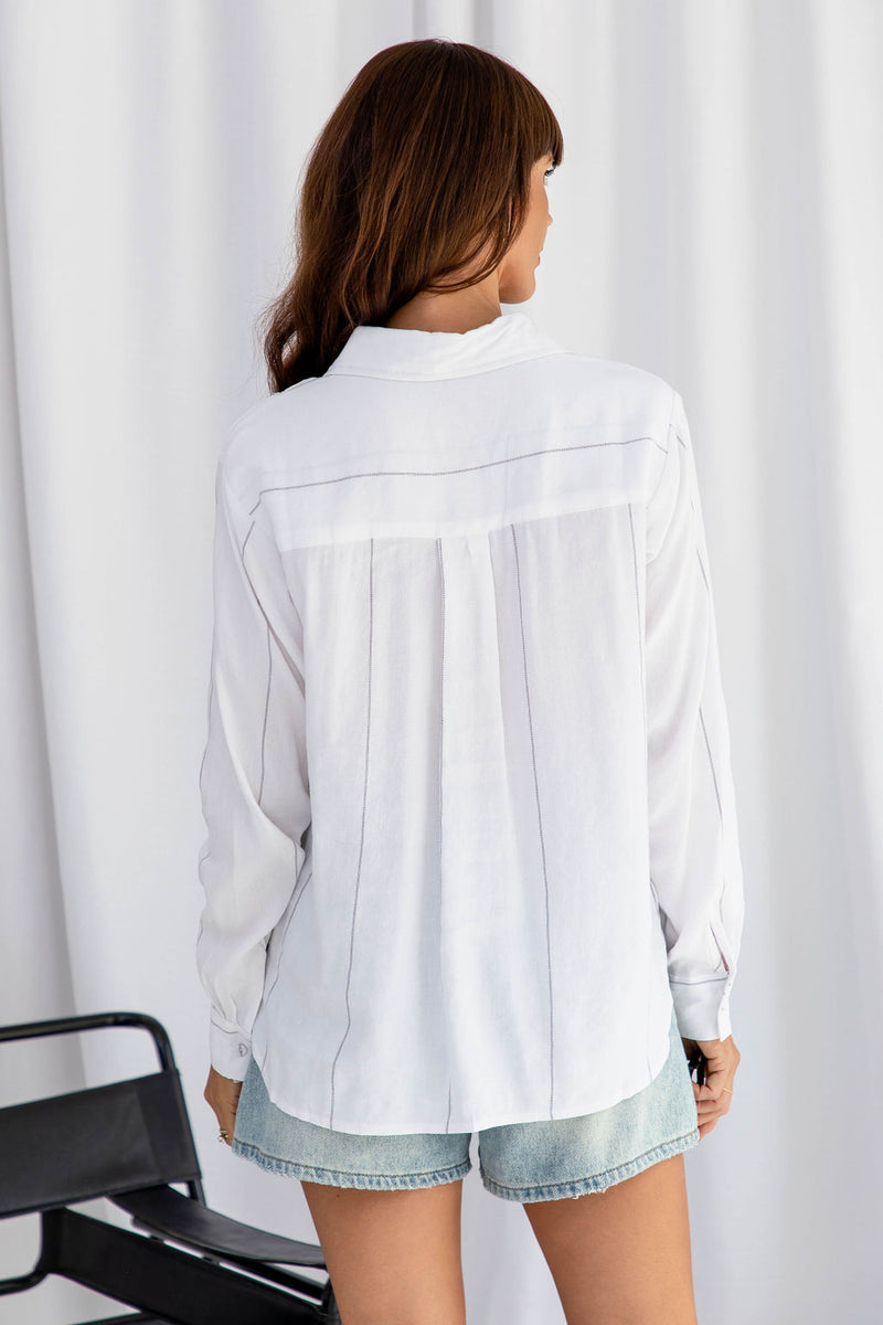 Izzy Pinstripe Linen Shirt - White - The Self Styler
