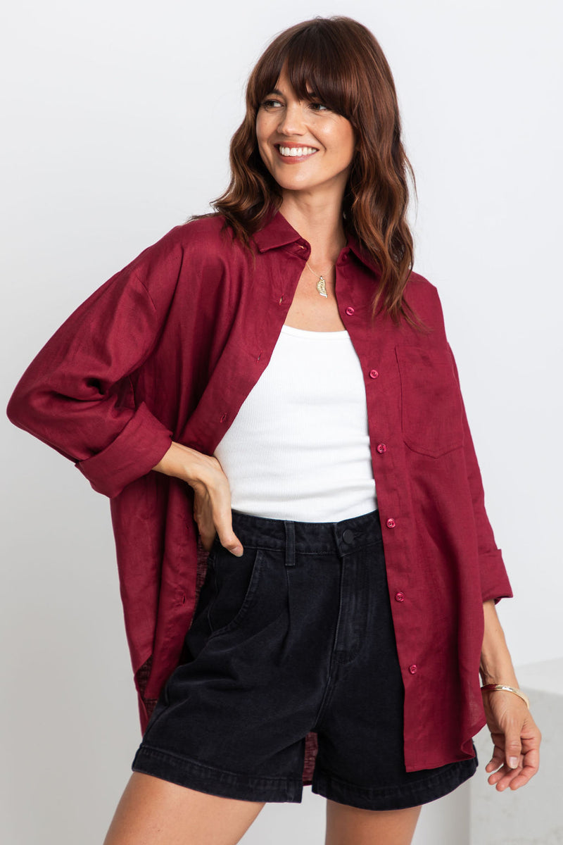 Archie Relaxed-Fit Linen Shirt - Burgundy - The Self Styler
