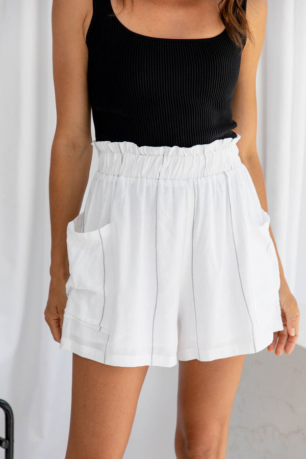 Nina Pinstripe Linen Shorts - White - The Self Styler