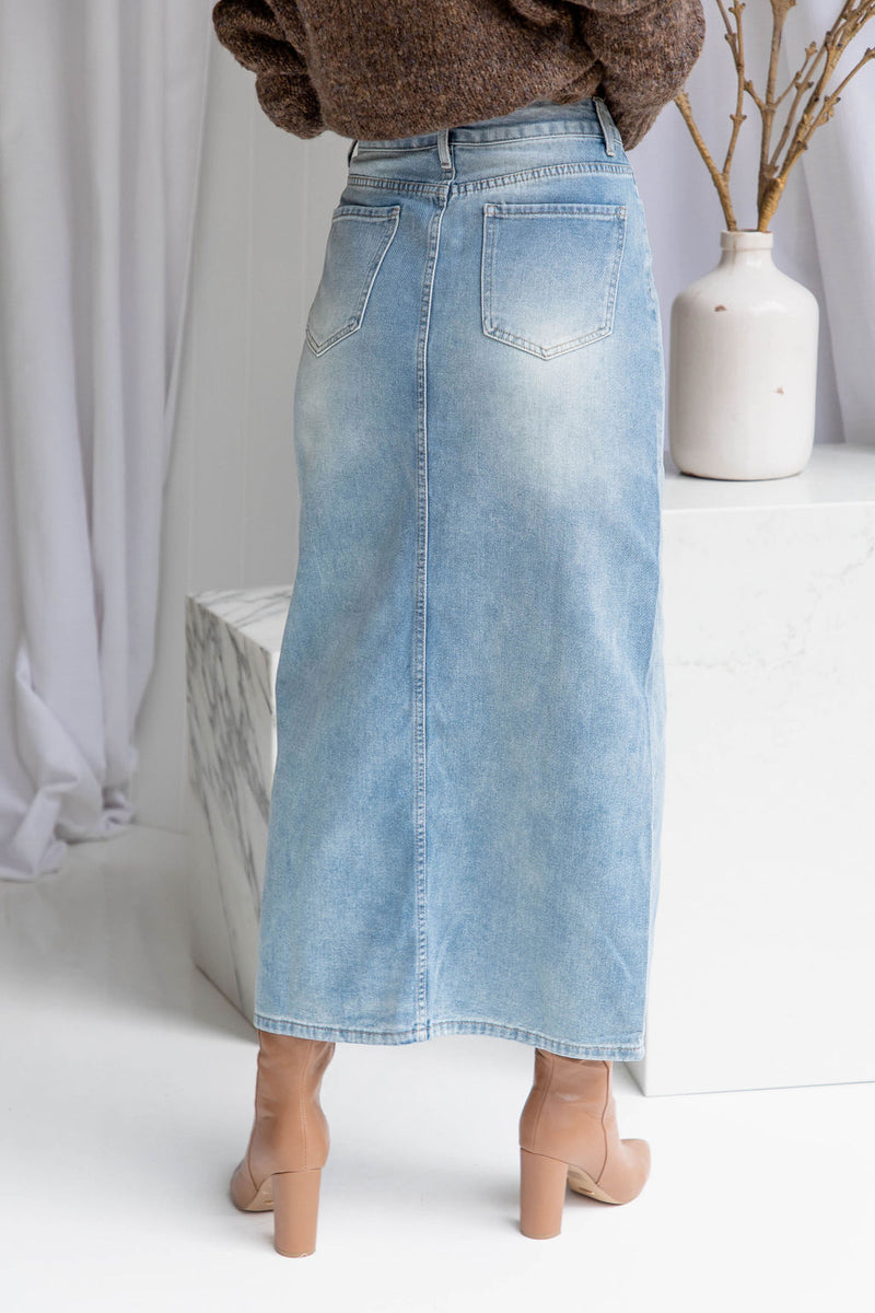 Tommy Denim Maxi Skirt - Light-Wash Blue - The Self Styler