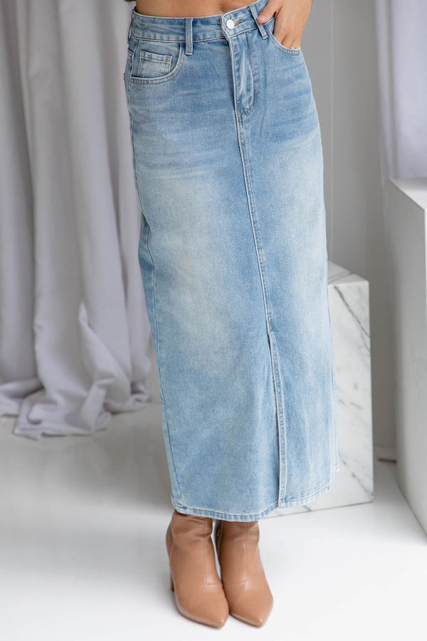 Tommy Denim Maxi Skirt - Light-Wash Blue - The Self Styler