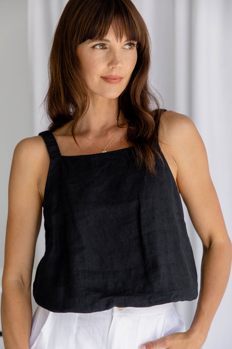 Nat Linen Cami Top - Black - The Self Styler
