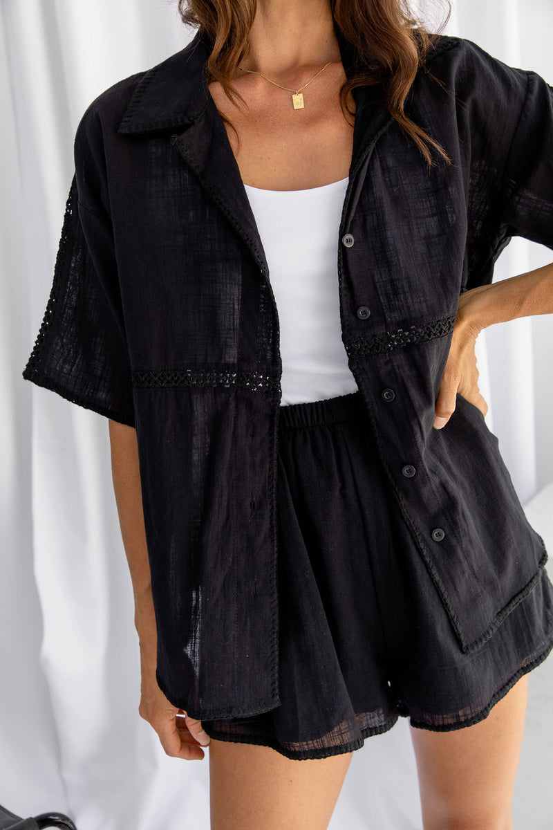 Astrid Crochet Lace Cotton Shirt - Black - The Self Styler