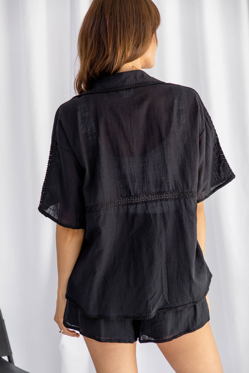 Astrid Crochet Lace Cotton Shirt - Black - The Self Styler