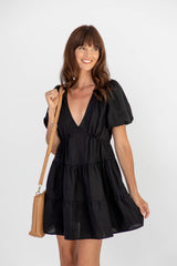 Georgia Linen Mini Dress - Black - The Self Styler