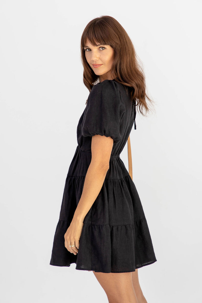 Georgia Linen Mini Dress - Black - The Self Styler