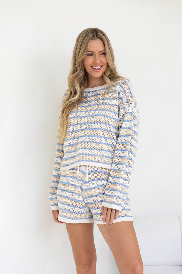 Tash Long Sleeve Crochet Top - Blue Stripe - The Self Styler