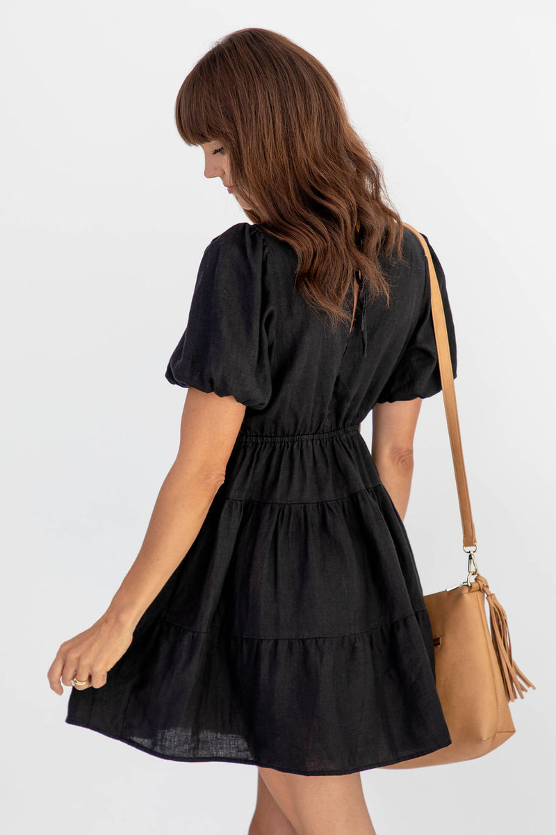 Georgia Linen Mini Dress - Black - The Self Styler
