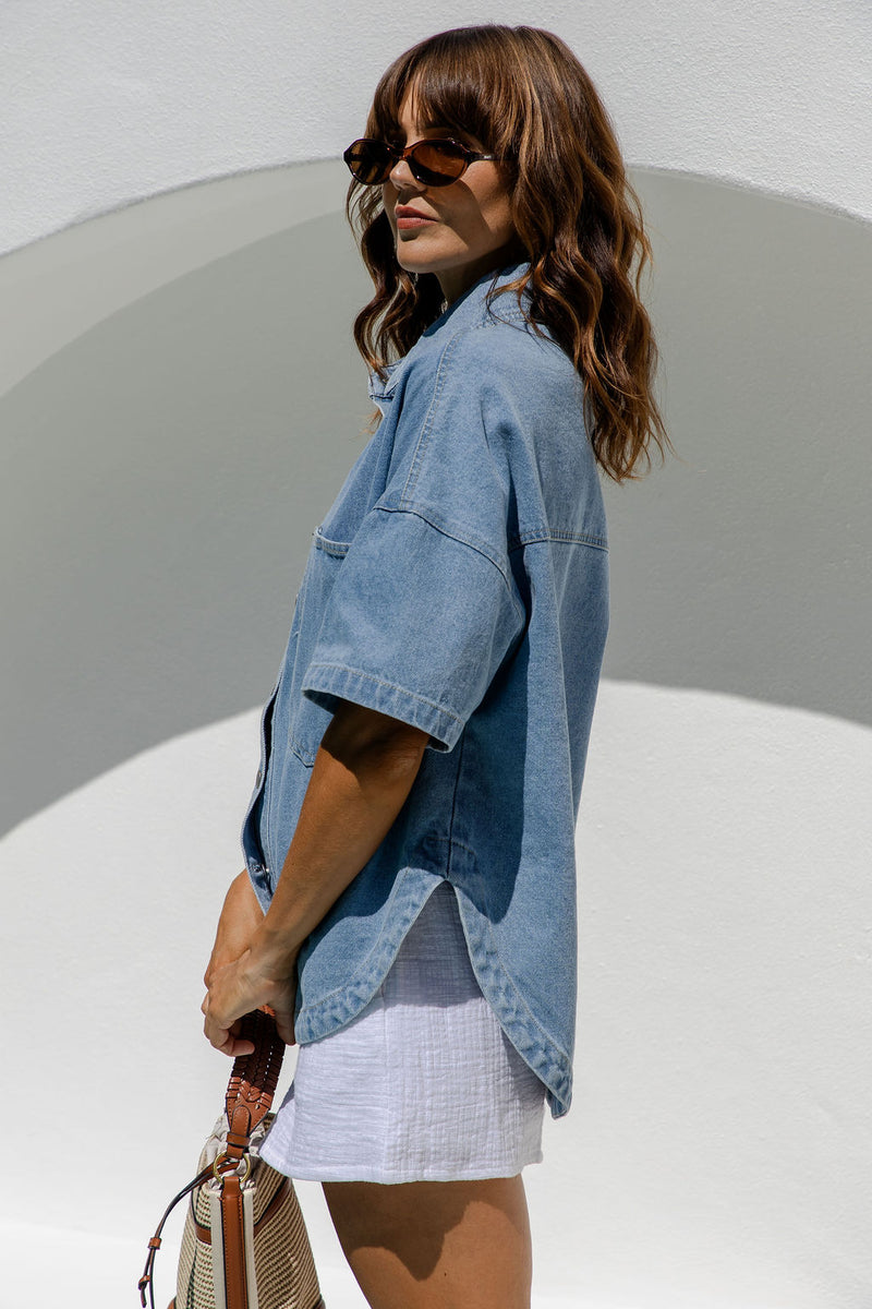 Juno Oversized Denim Shirt - Light Wash - The Self Styler