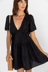 Georgia Linen Mini Dress - Black - The Self Styler