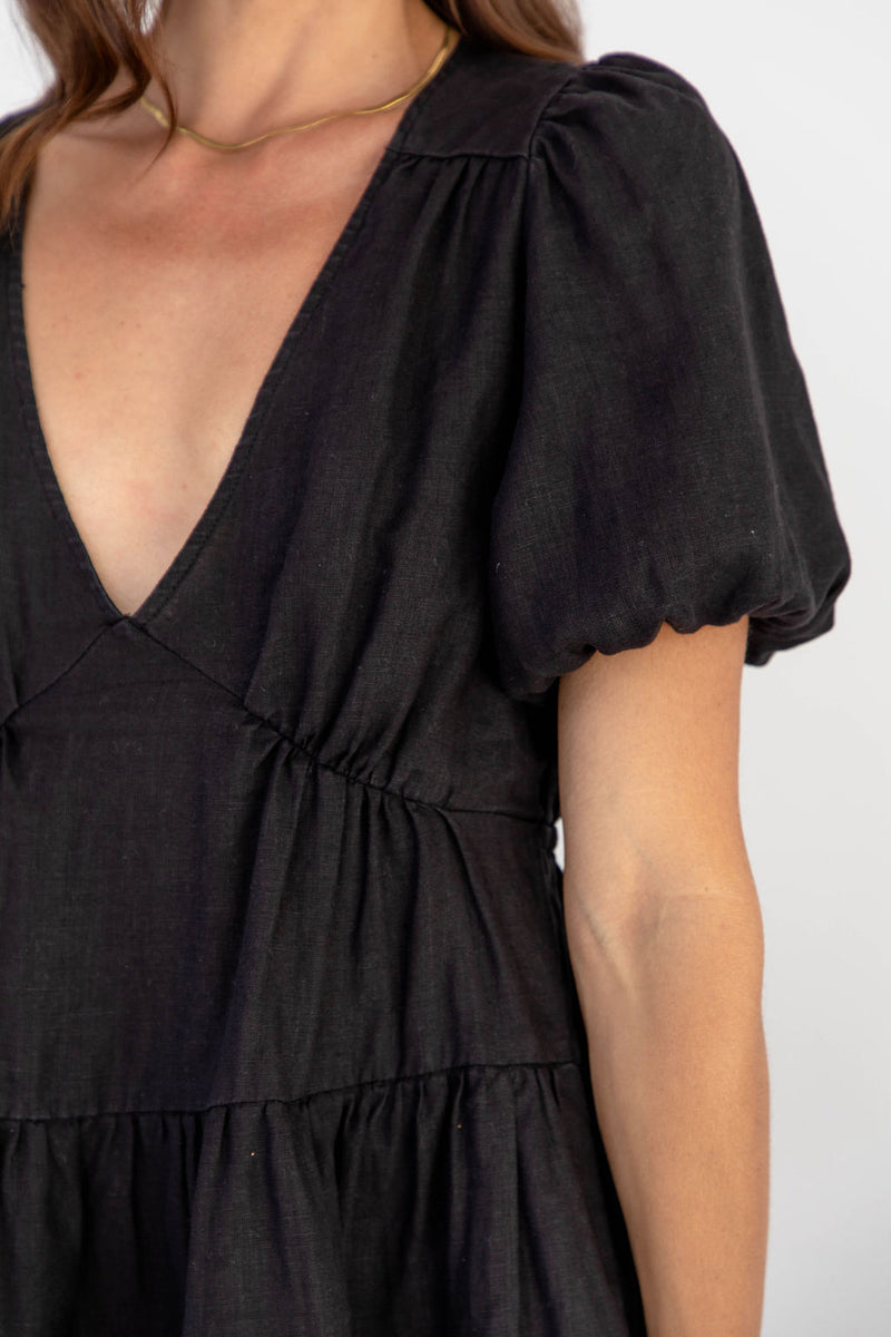 Georgia Linen Mini Dress - Black - The Self Styler