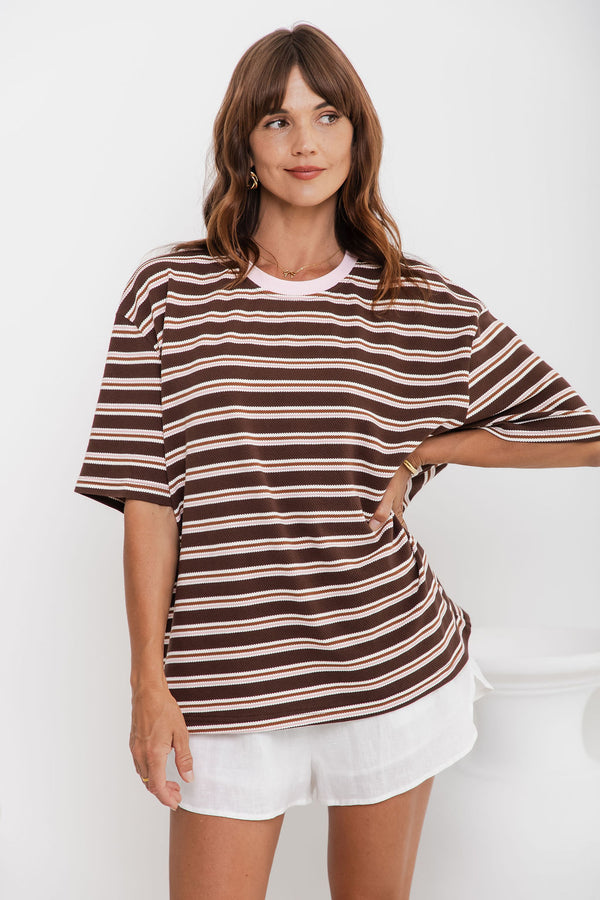 Marlo Stripe Tee - Choc and Pink - The Self Styler