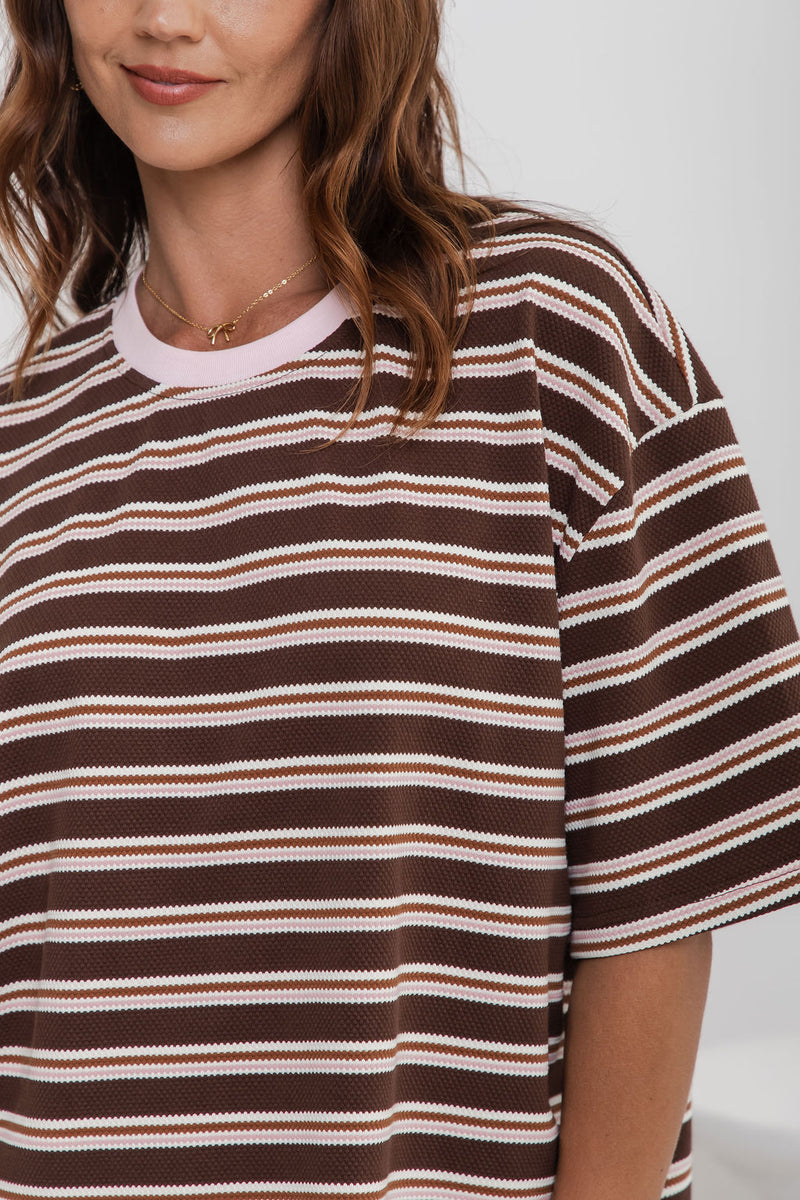 Marlo Stripe Tee - Choc and Pink - The Self Styler