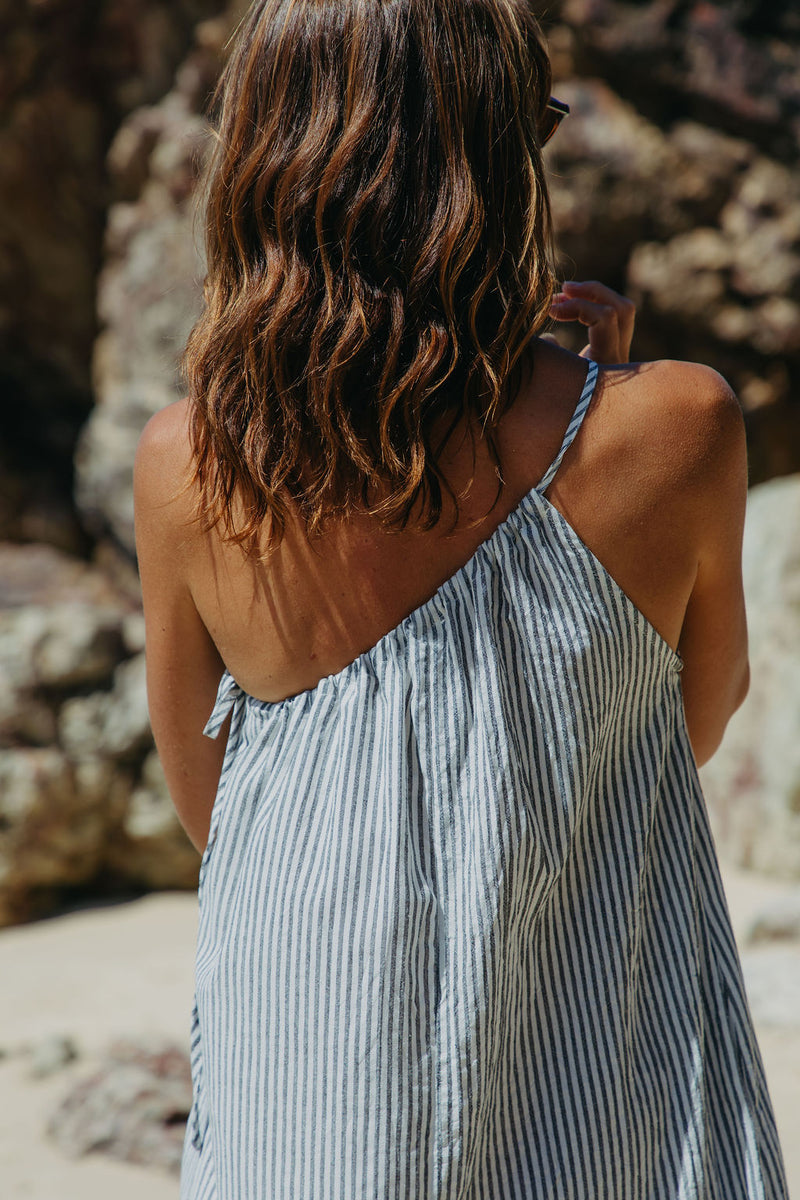 Clara One-Shoulder Maxi Dress - White and Charcoal Stripe - The Self Styler